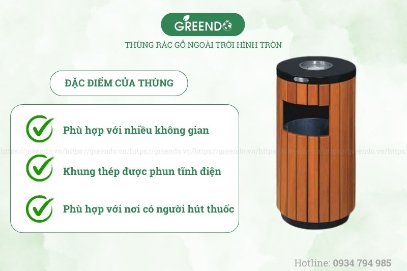 thùng rác gỗ hình tròn ngoài trời