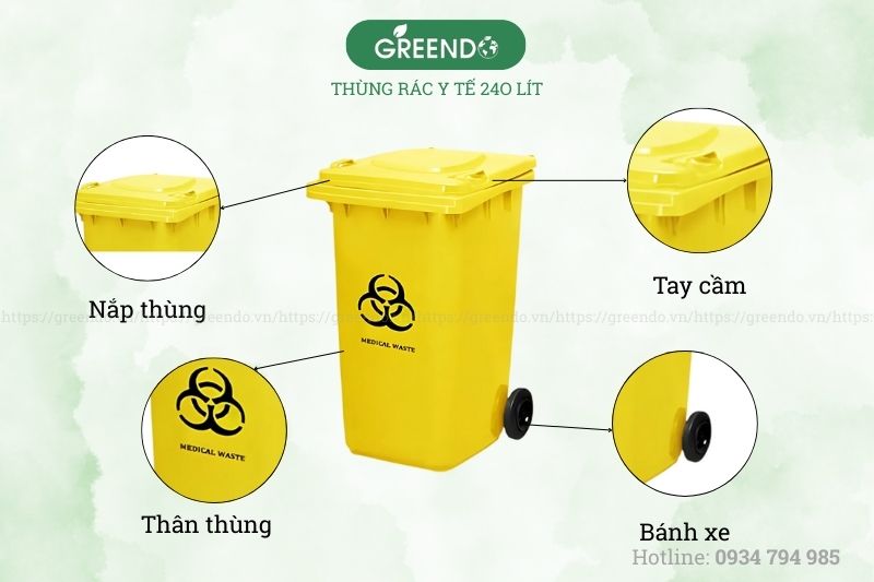 Cấu tạo nổi bật của thùng đựng rác y tế 240L