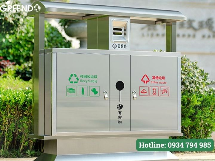 Thùng rác inox 2 ngăn có mái vòm gạt tàn