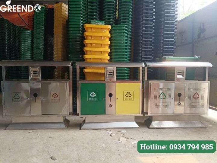 Thùng rác inox 2 ngăn có gạt tàn mái vòm ngoài trời