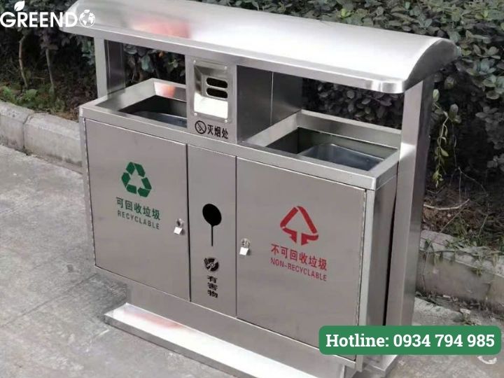Thùng rác inox 2 ngăn có gạt tàn mái vòm
